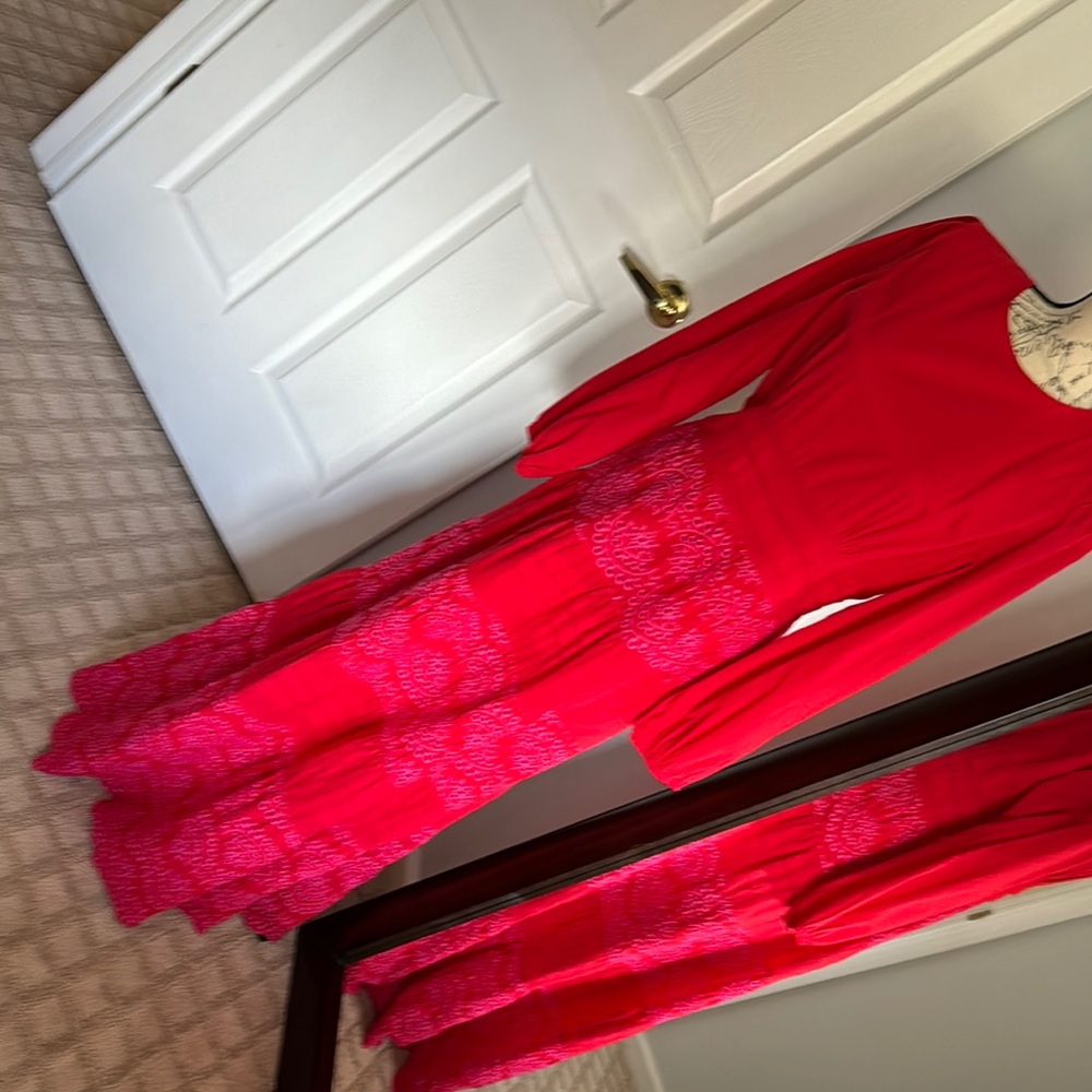 Red Long Sleeve Dress with Pink Floral Pattern
